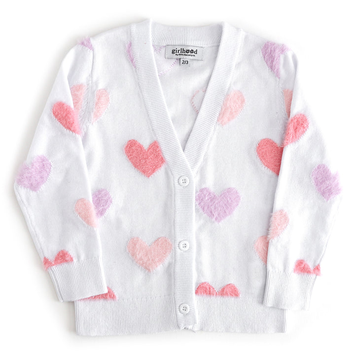 girls white V-neck cardigan with buttons and fuzzy pastel hearts in shades of pink and purple for valemntines day