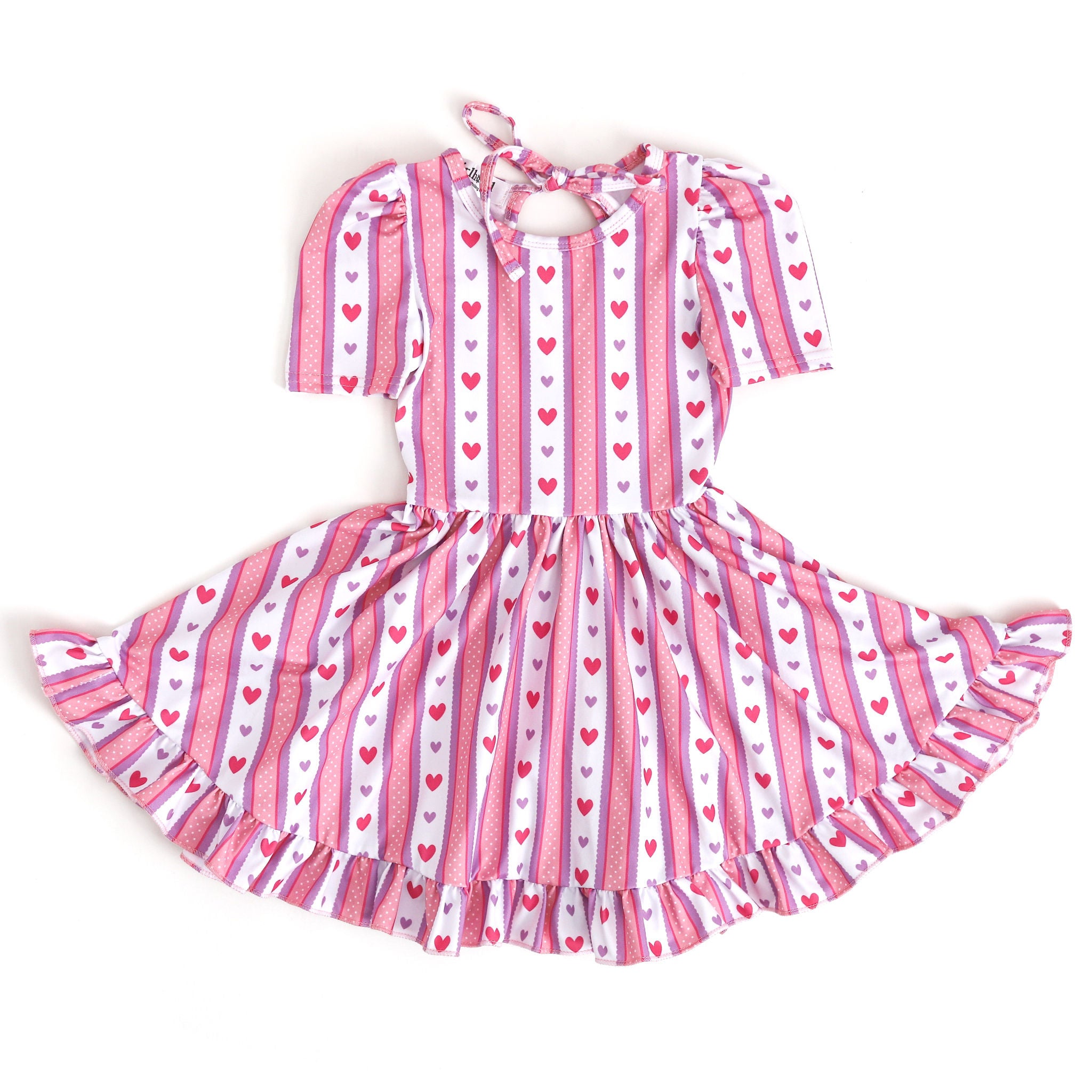 girls twirl dress with tie back in pink, purple and white Valentine's Day vintage wallpaper inspired print