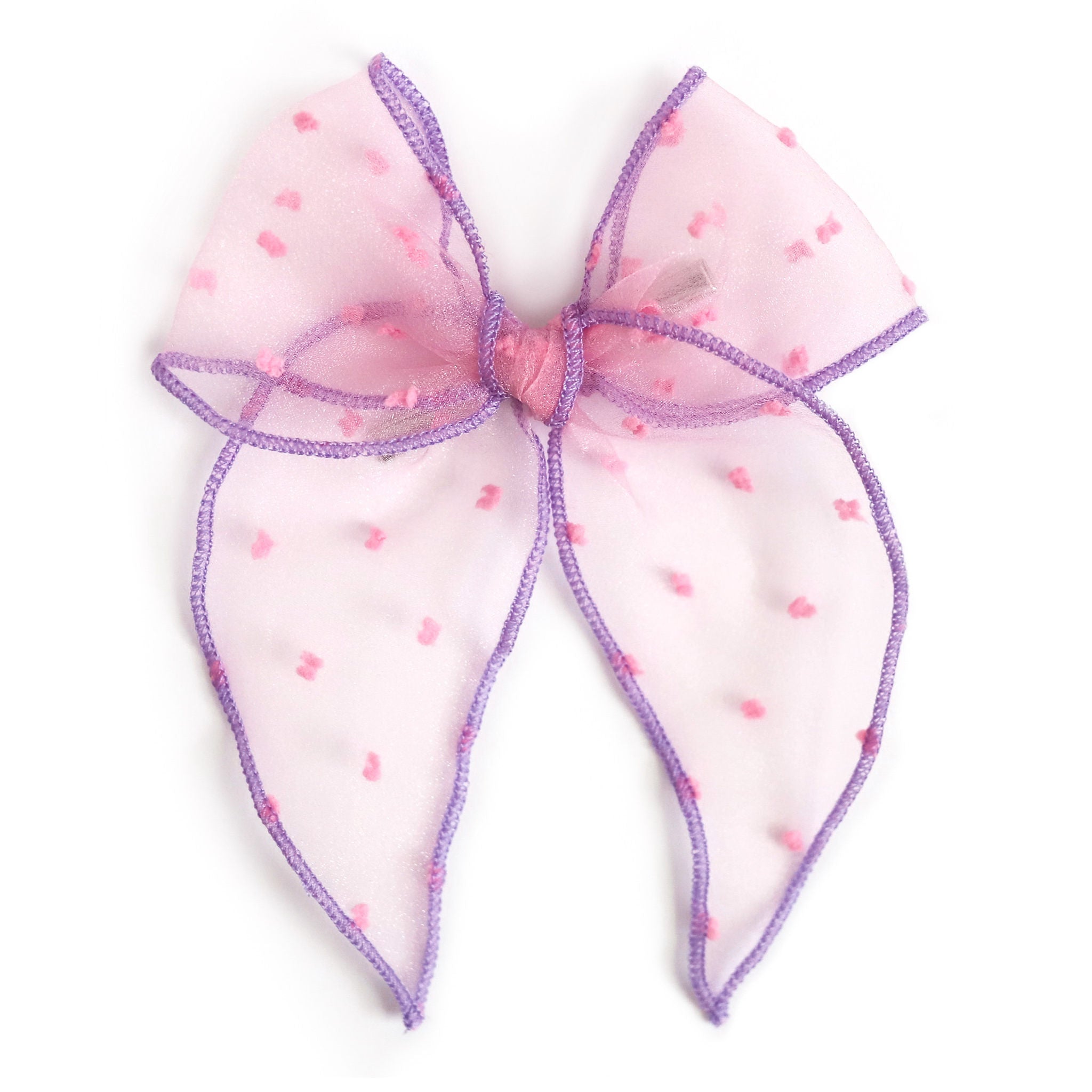 girls sheer dot bow in pink with lavender trim to match darling collection of Valentine's Day outfits