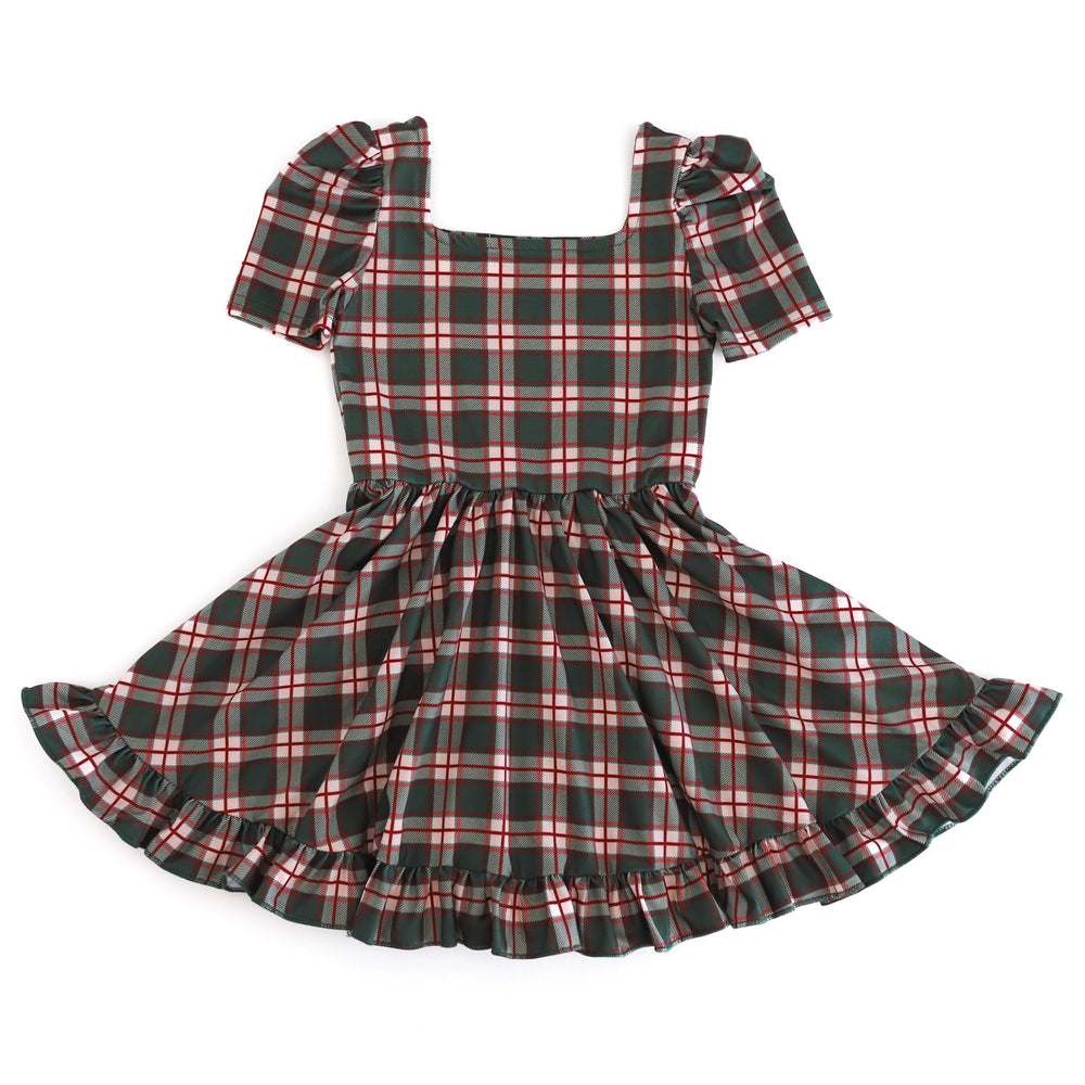 girls' short sleeve, square neck twirl dress with forest green and crimson plaid print for vintage Christmas mix and match