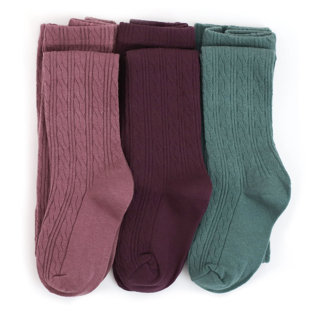 denali girls 3-pack tights in mauve, plum purple and pacific teal blue