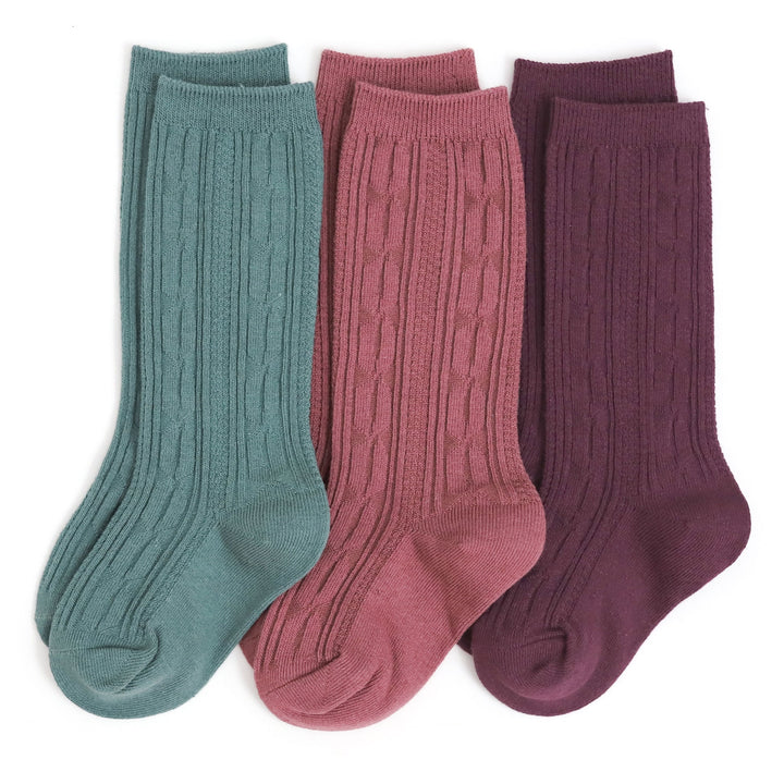 denali cable knit knee high socks for girls. pacific teal, mauve, plum purple