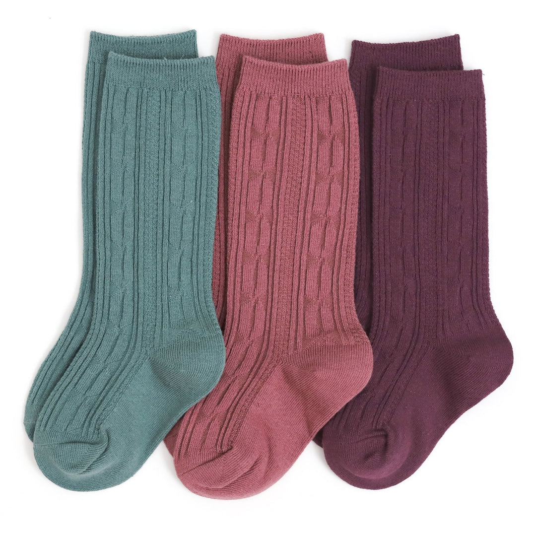 Girls Cable Knit Knee High Socks 3-Pack / Plum, Mauve & Pacific