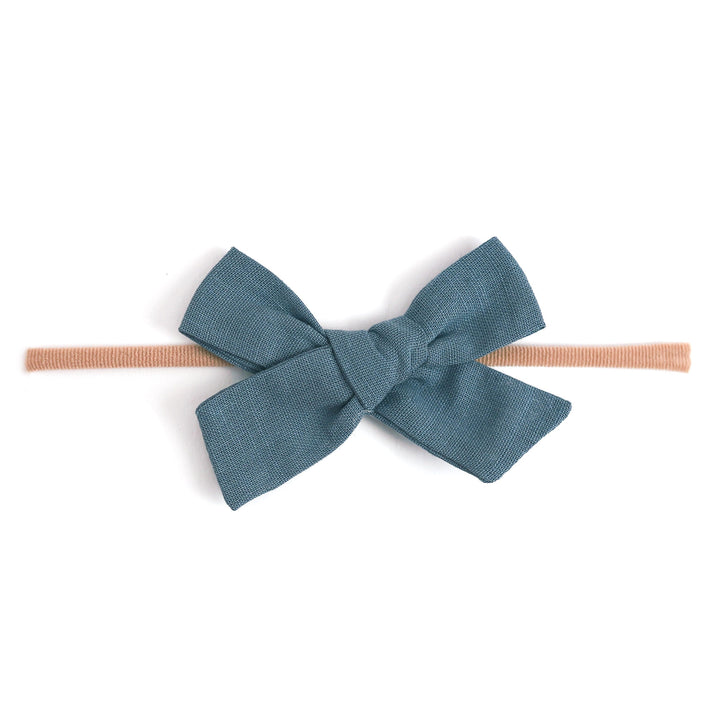 denim blue linen baby bow on nylon headband