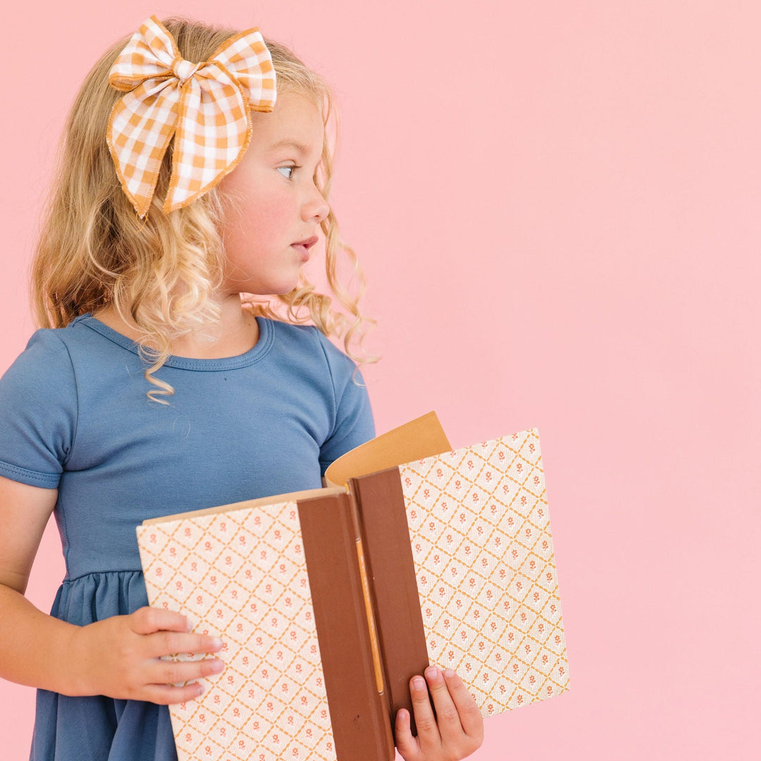 denim dress mustard gingham hair bow