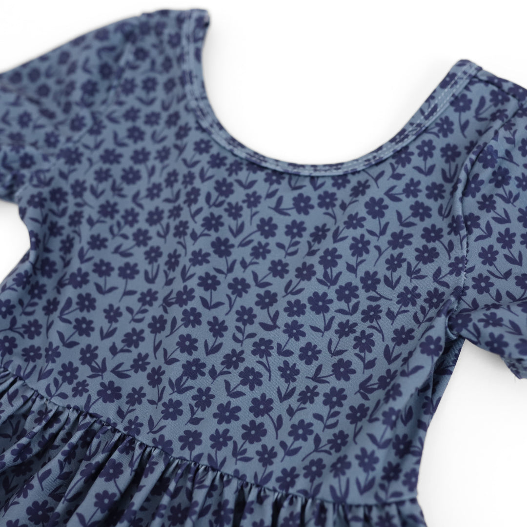 girl's denim & navy blue floral everyday dress detail