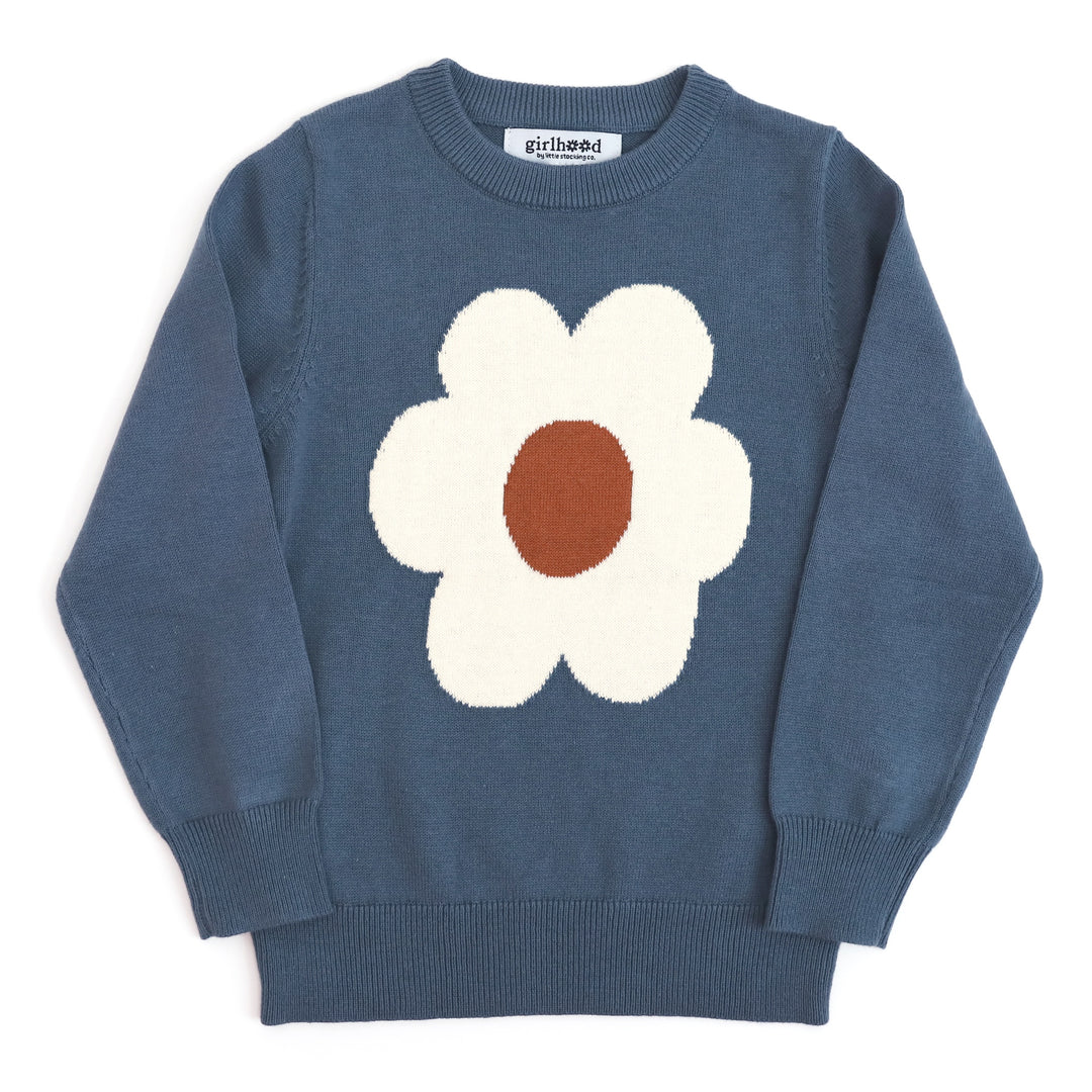 girls' pullover sweater in denim blue with neutral colored flower design