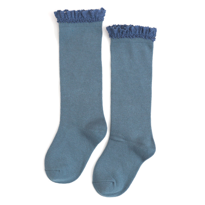 girls lace top knit socks in denim with contrasting blue lace