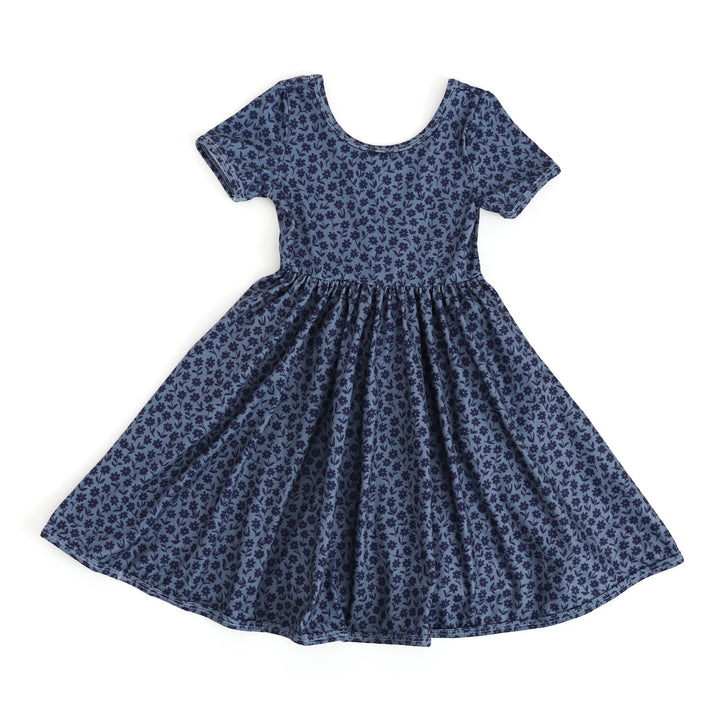 girls' denim and navy blue floral everyday pocket dress