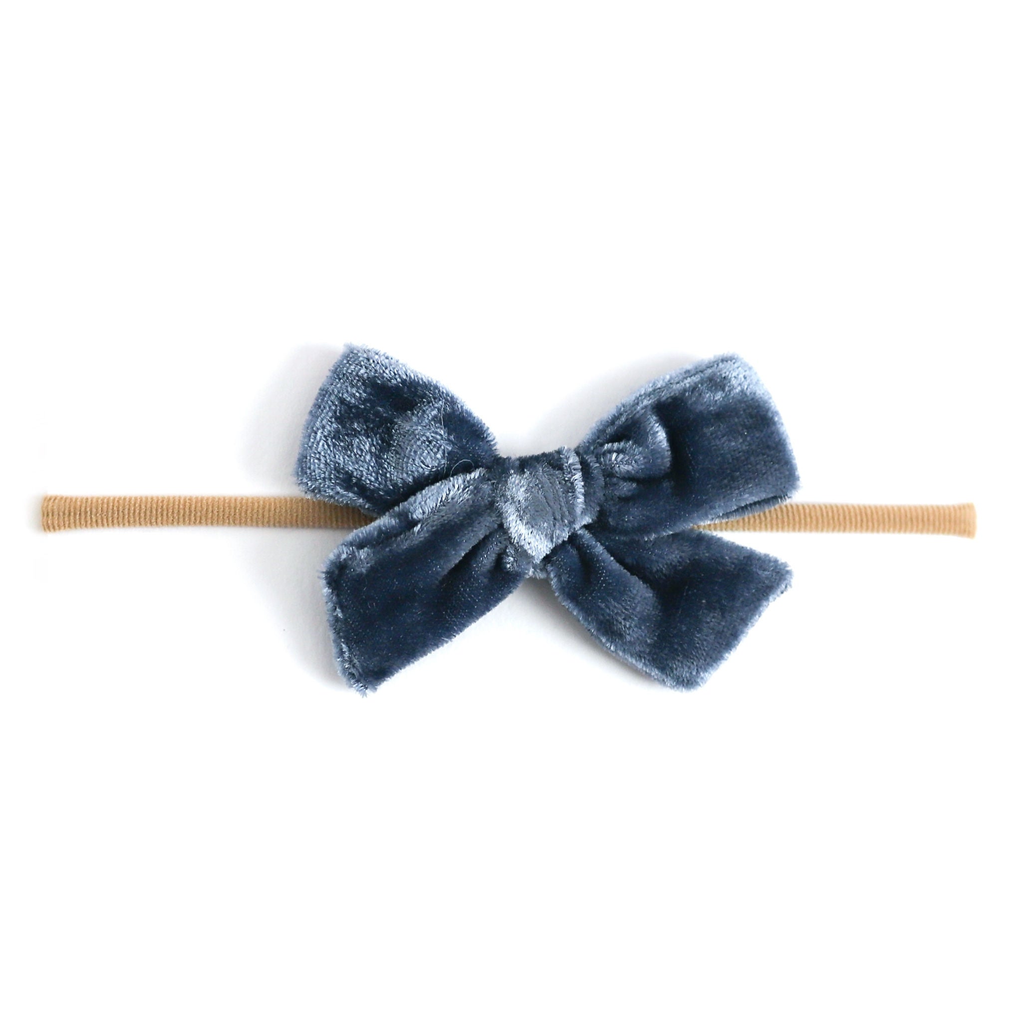 denim blue velvet baby bow on nylon headband