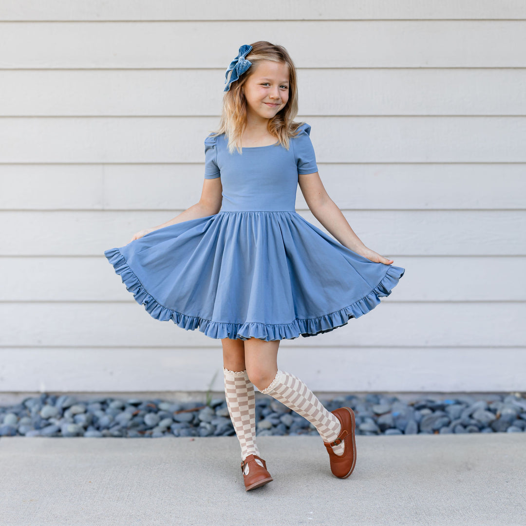 girls denim blue twirl dress with fall knee high socks