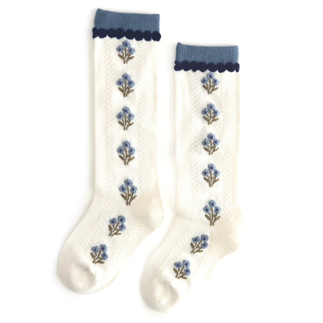 girl's light cream knee high socks with blue flower design and denim blue trim