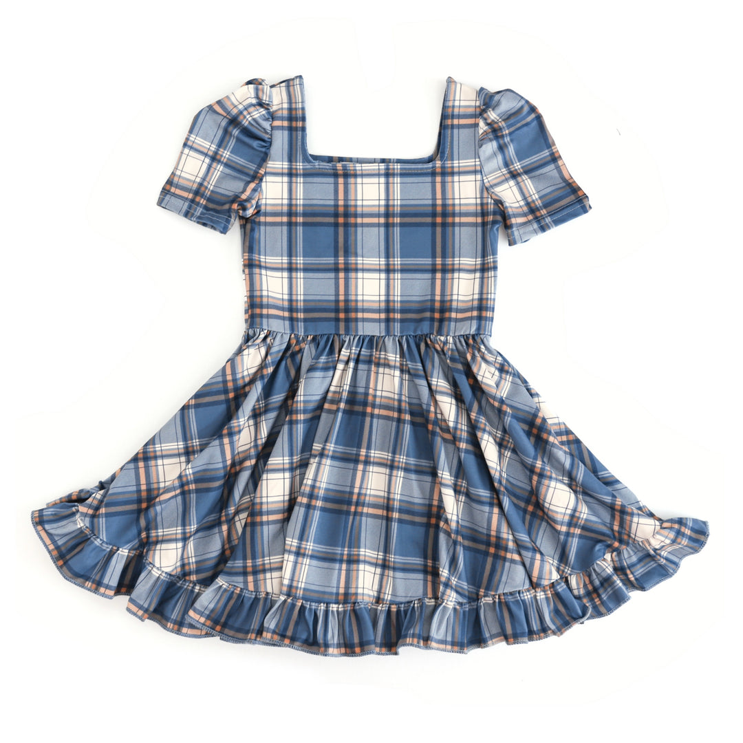 girl's puff sleeve, square neck fall twirl dress in denim blue plaid print