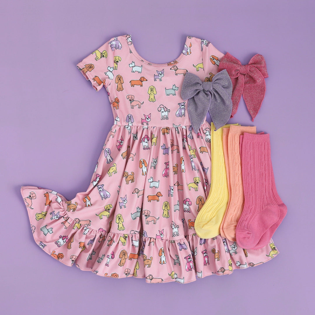 girls' dog print twirl dress with cute cable knit knee high socks and matching sparkly hair bows