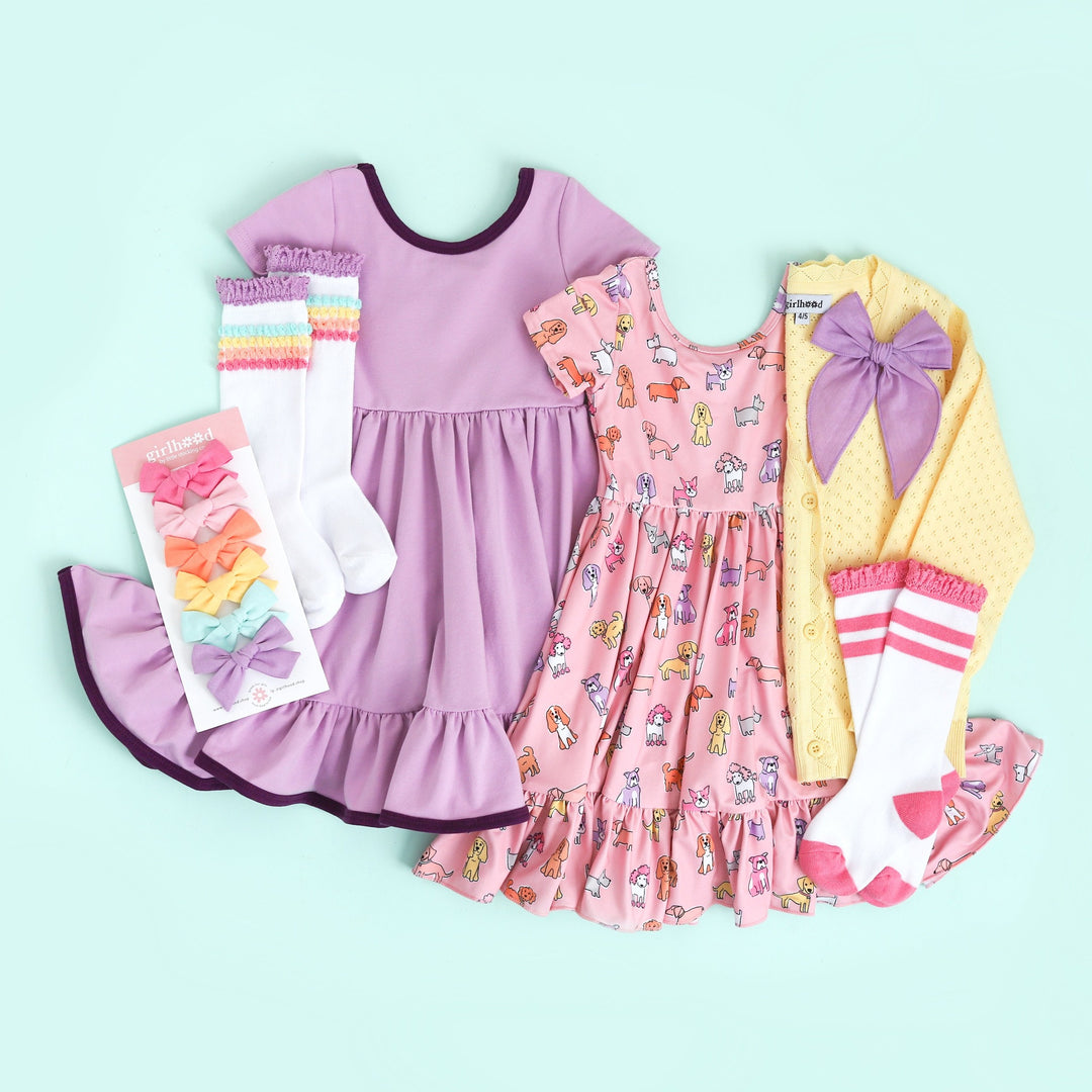 girls' summer dress outfit pair with purple cotton dress and cute dog print dress with matching accessories