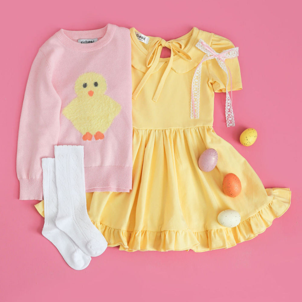 girl's pink and yellow Easter chick sweater, matching yellow cotton twirl dress with collar, white pointelle knee highs and lace bow 