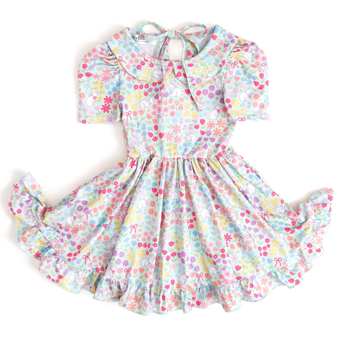 girl's short sleeve collared twirl dress with pastel flowers, bunnies and bows for Easter