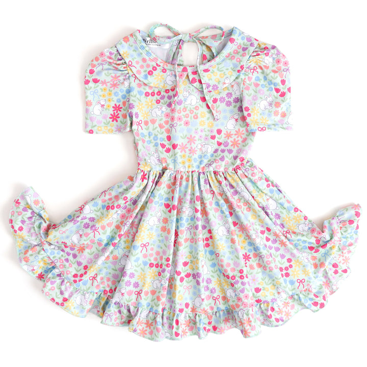 girl's short sleeve collared twirl dress with pastel flowers, bunnies and bows for Easter