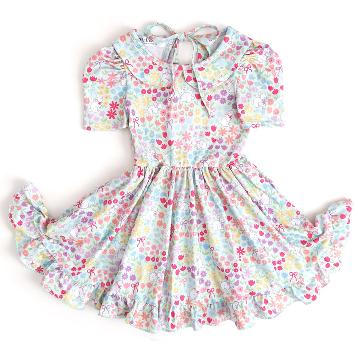 girl's short sleeve collared twirl dress with pastel flowers, bunnies and bows for Easter