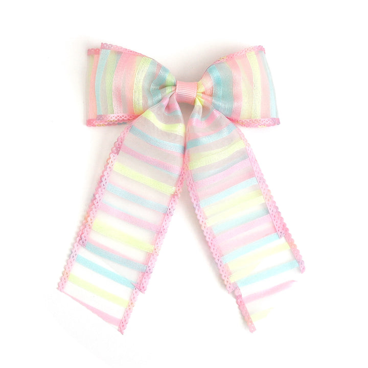 girls' sheer double hairbow clip with pastel stripes in pink, robin blue and sunshine yellow with pink lace trim for Easter and spring 