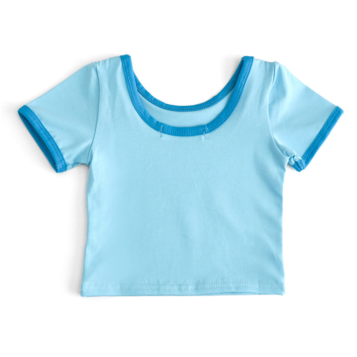 back view of girls blue summer tee with scoop neck and bright blue binding