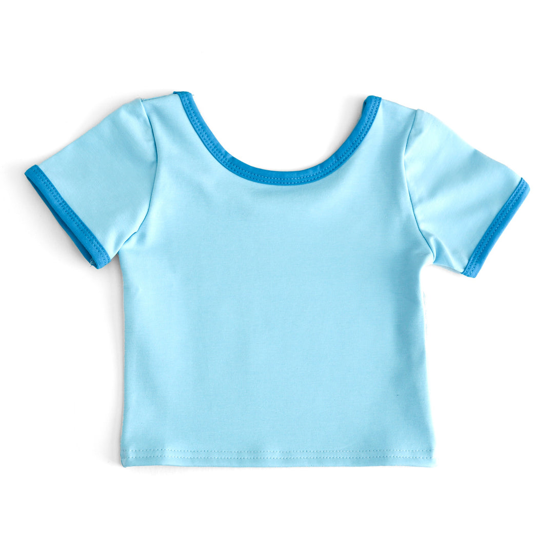 girls' summer cotton blend tee in blue with electric blue binding 