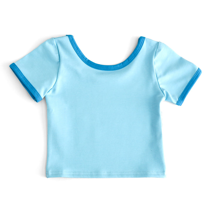 girls' summer cotton blend tee in blue with electric blue binding 