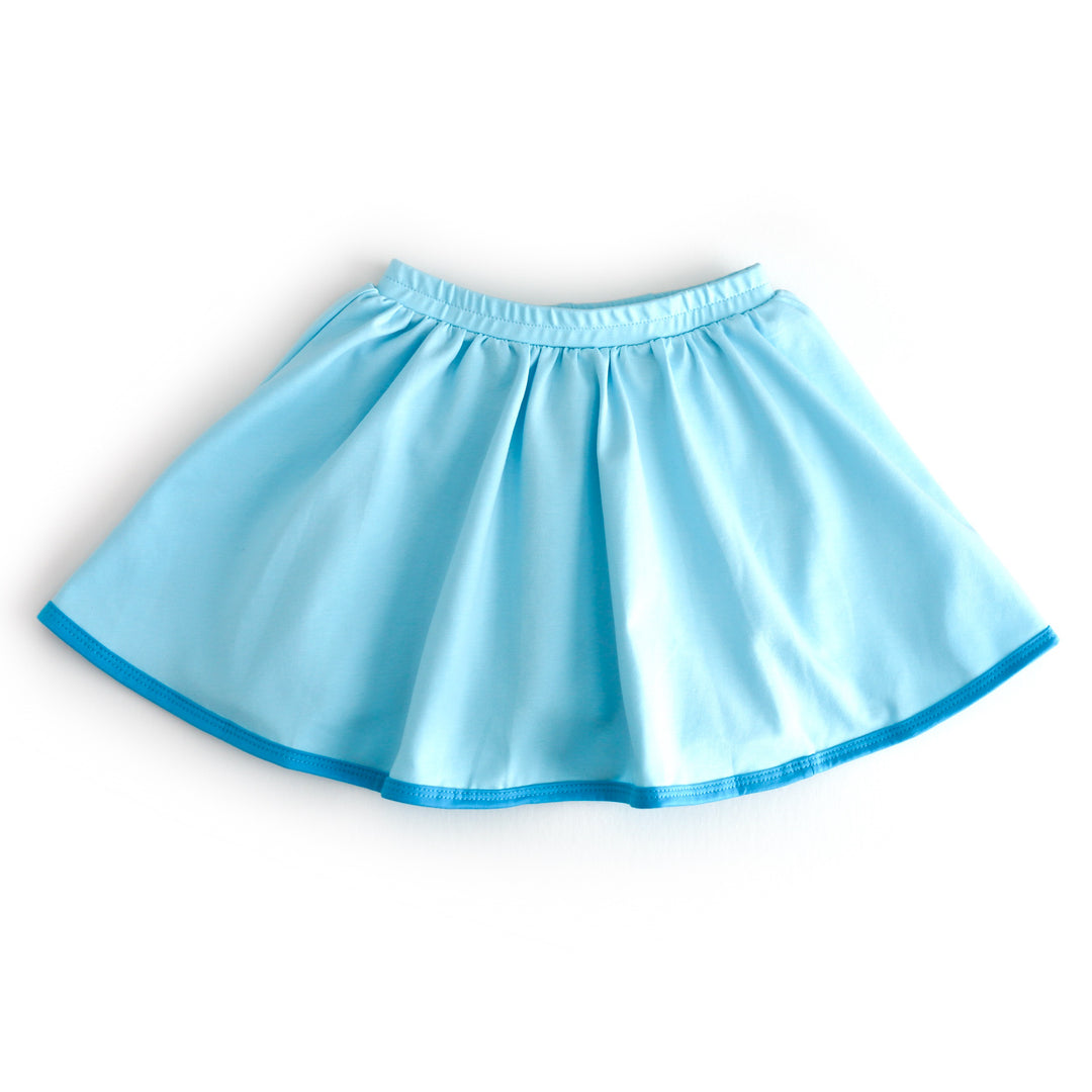 girls summery blue cotton blend skort with bright blue binding and matching built in biker shorts