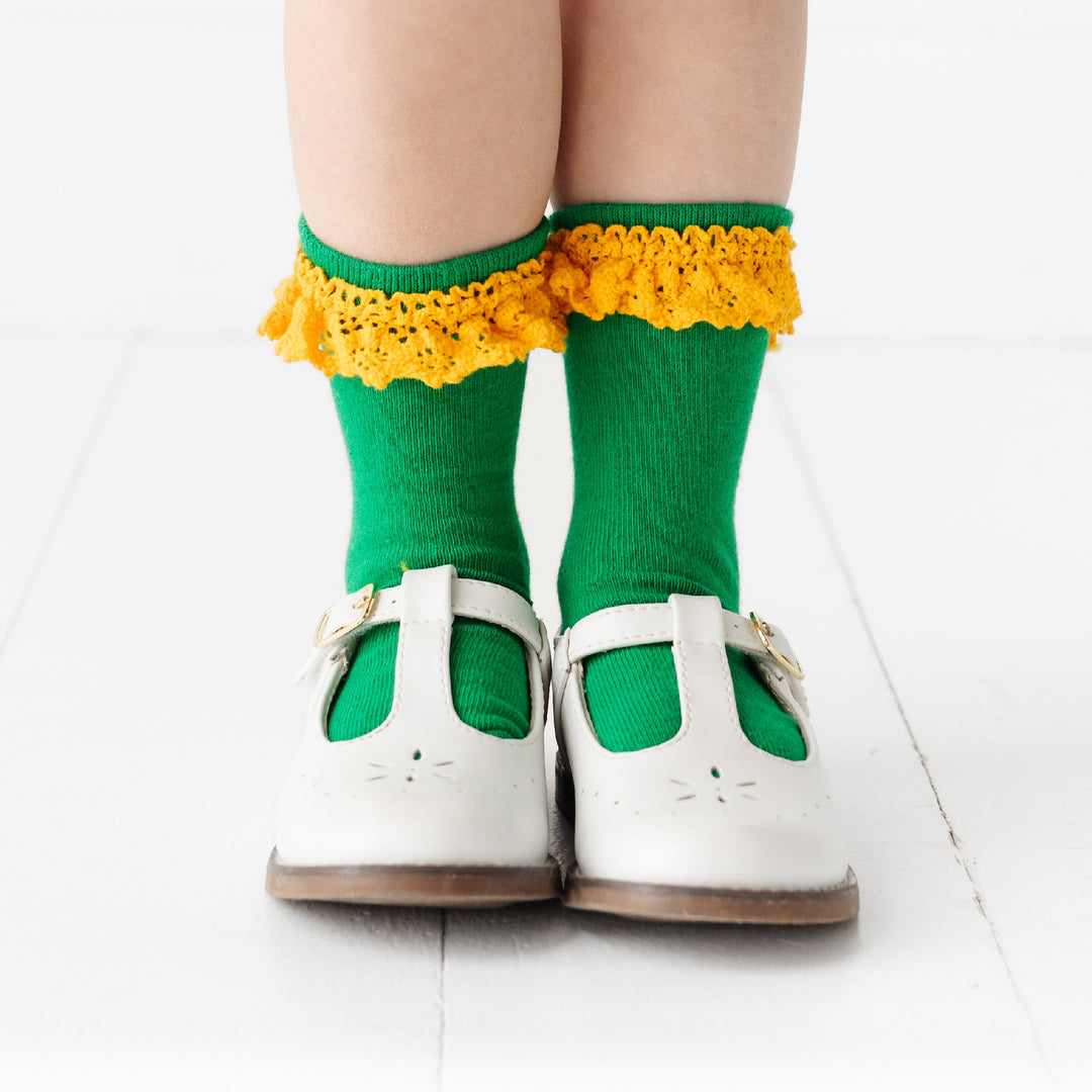 elementary green and yellow lace trimmed midi socks