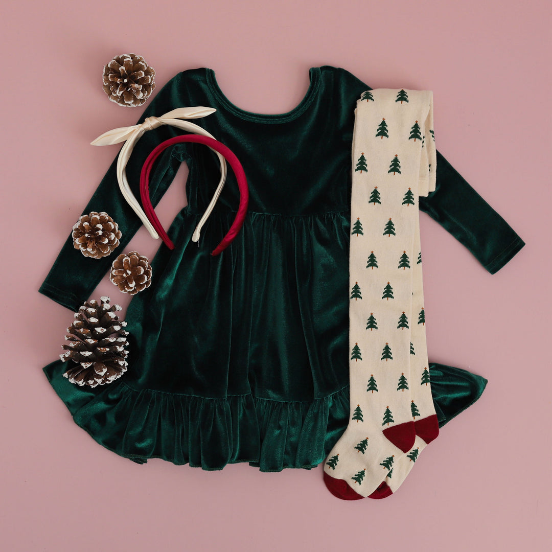 girls green velvet christmas dress with matching christmas tree tights