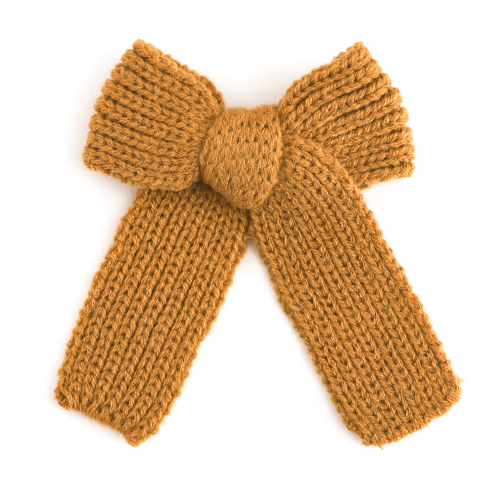wide knit yarn girls hair bow in mustard yellow