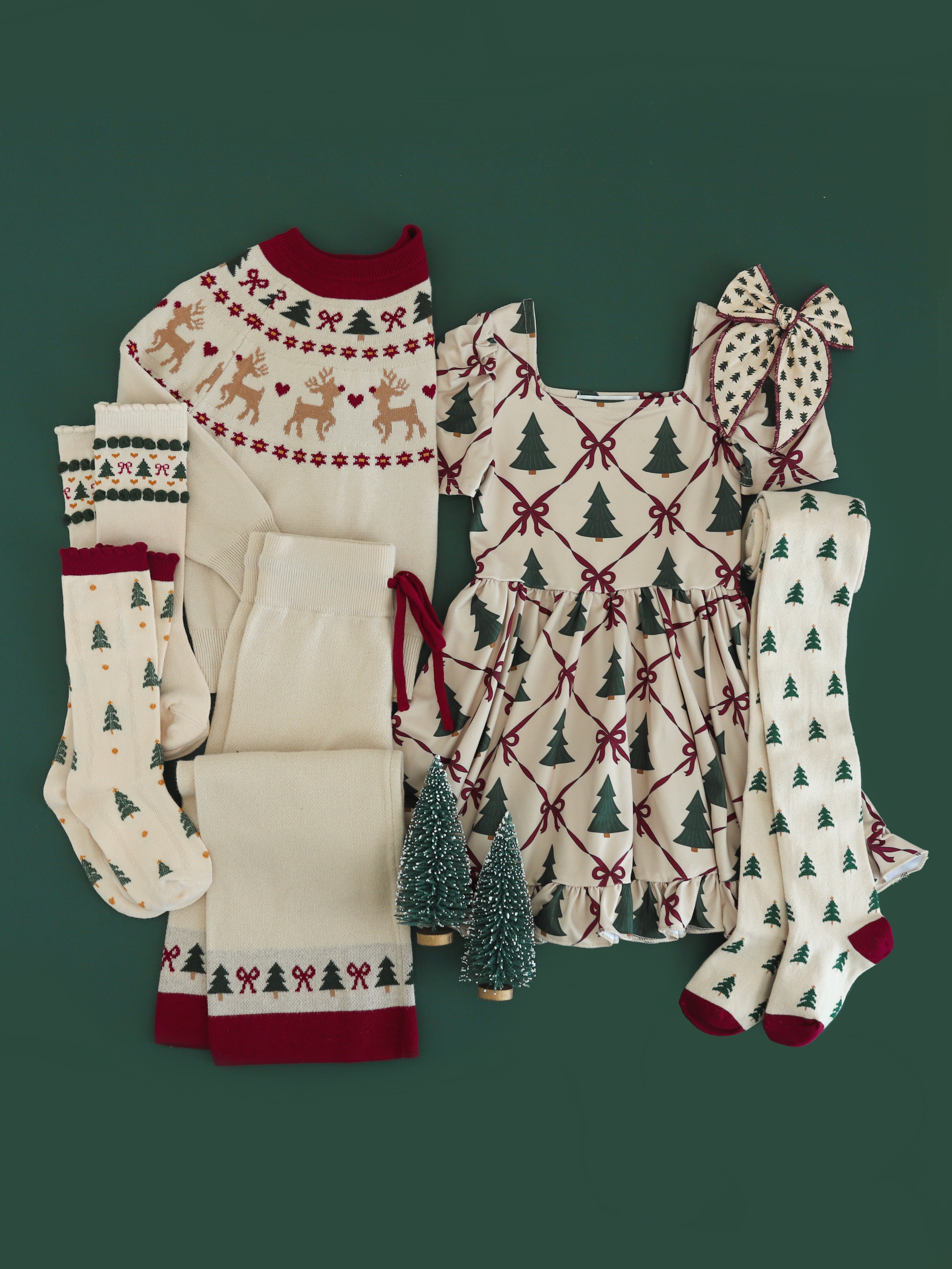 girls' mix and match fair isle and Christmas tree themed sweater, sweater pants, twirl dress, tights, socks and bow 