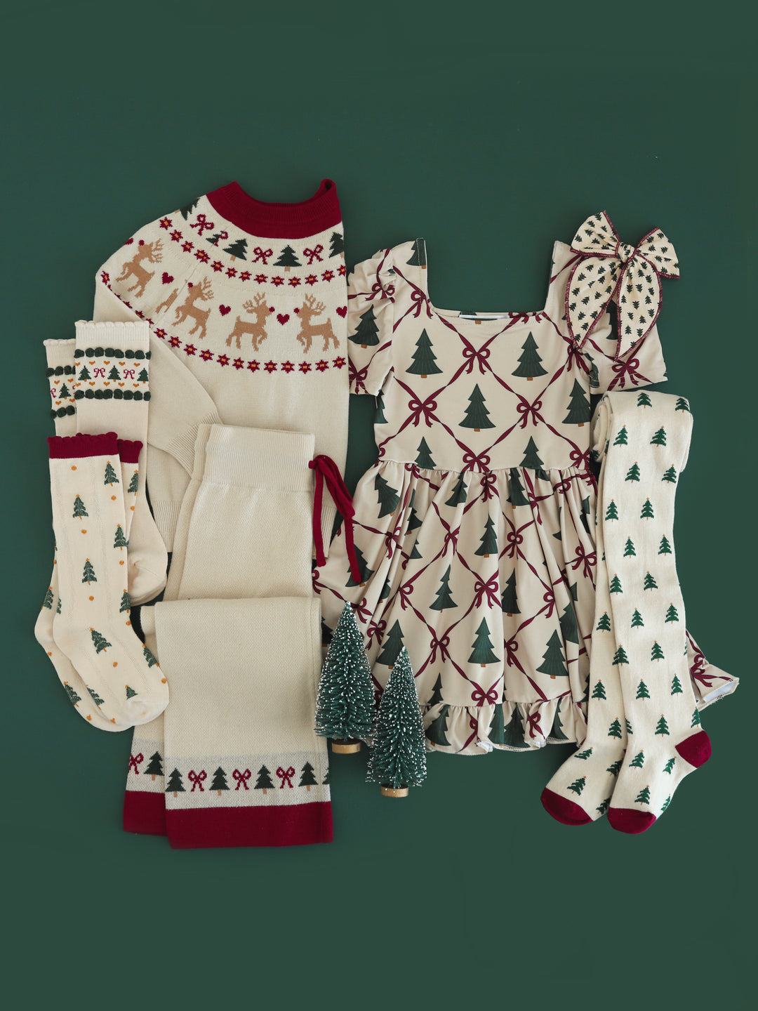 girls' mix and match fair isle and Christmas tree themed sweater, sweater pants, twirl dress, tights, socks and bow 