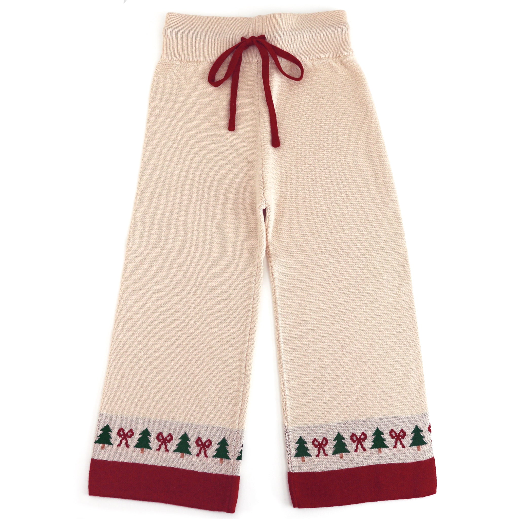 girls' cream sweater pants with crimson drawstring and fair isle print at the ankle 