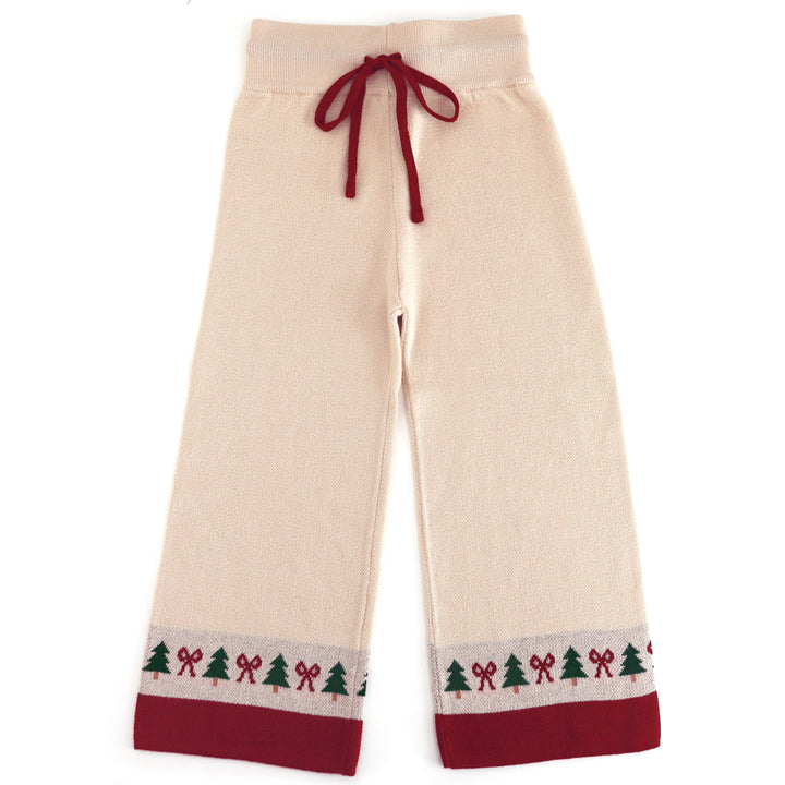 girls' cream sweater pants with crimson drawstring and fair isle print at the ankle 