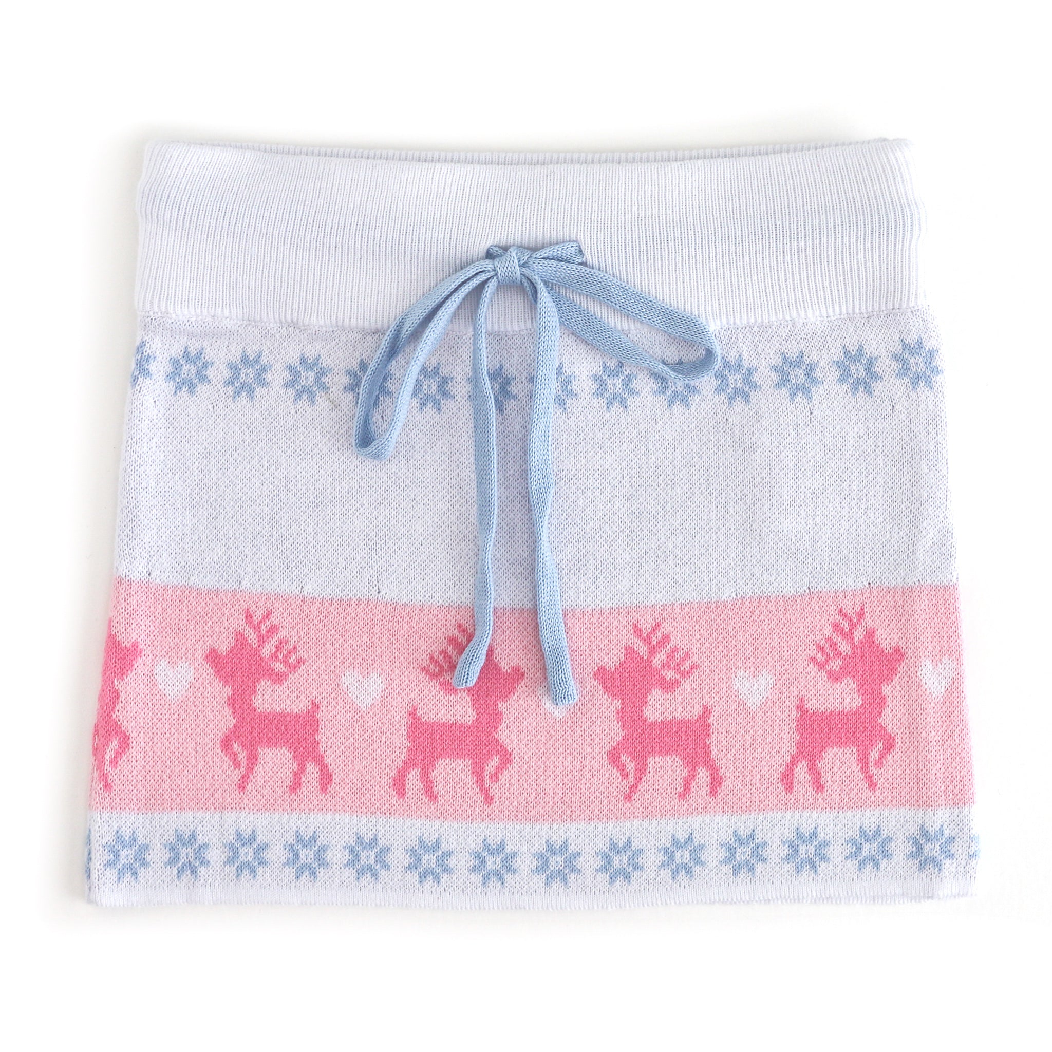 girls knit sweater skirt with white base and pink and blue fair isle reindeer print and blue drawstring for winter wonderland
