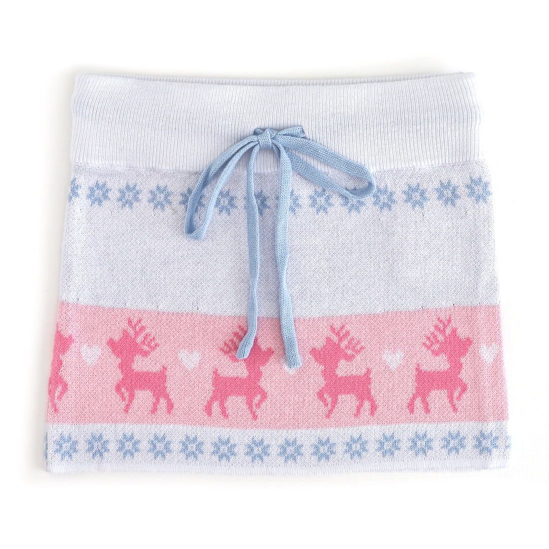 girls knit sweater skirt with white base and pink and blue fair isle reindeer print and blue drawstring for winter wonderland