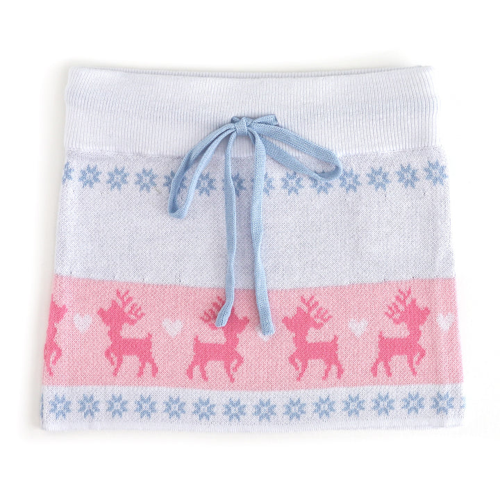 girls knit sweater skirt with white base and pink and blue fair isle reindeer print and blue drawstring for winter wonderland