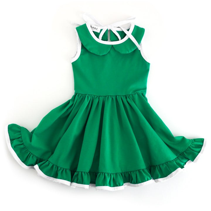girls' grass green sleeveless cotton twirl dress with white trim and peter pan collar