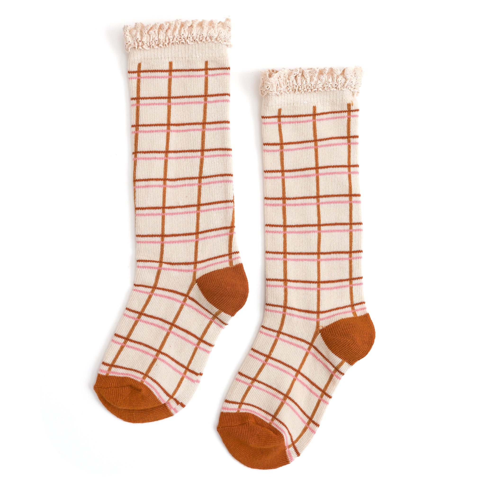 girls fall grid lace trim knee high socks vanilla with orange yellow and pink plaid