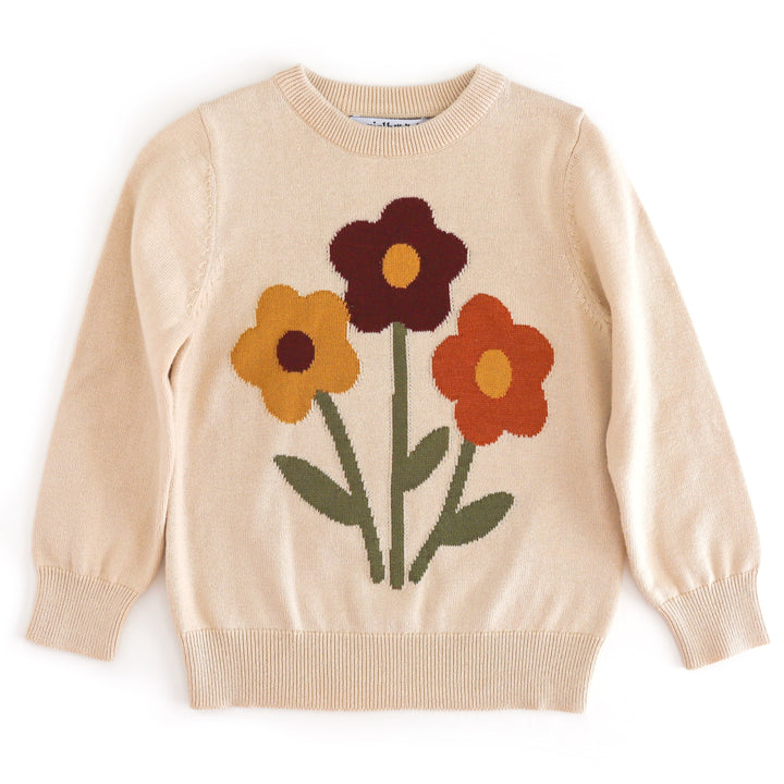 girls' cotton knit pullover sweater with fall flower bouquet design on a vanilla cream base