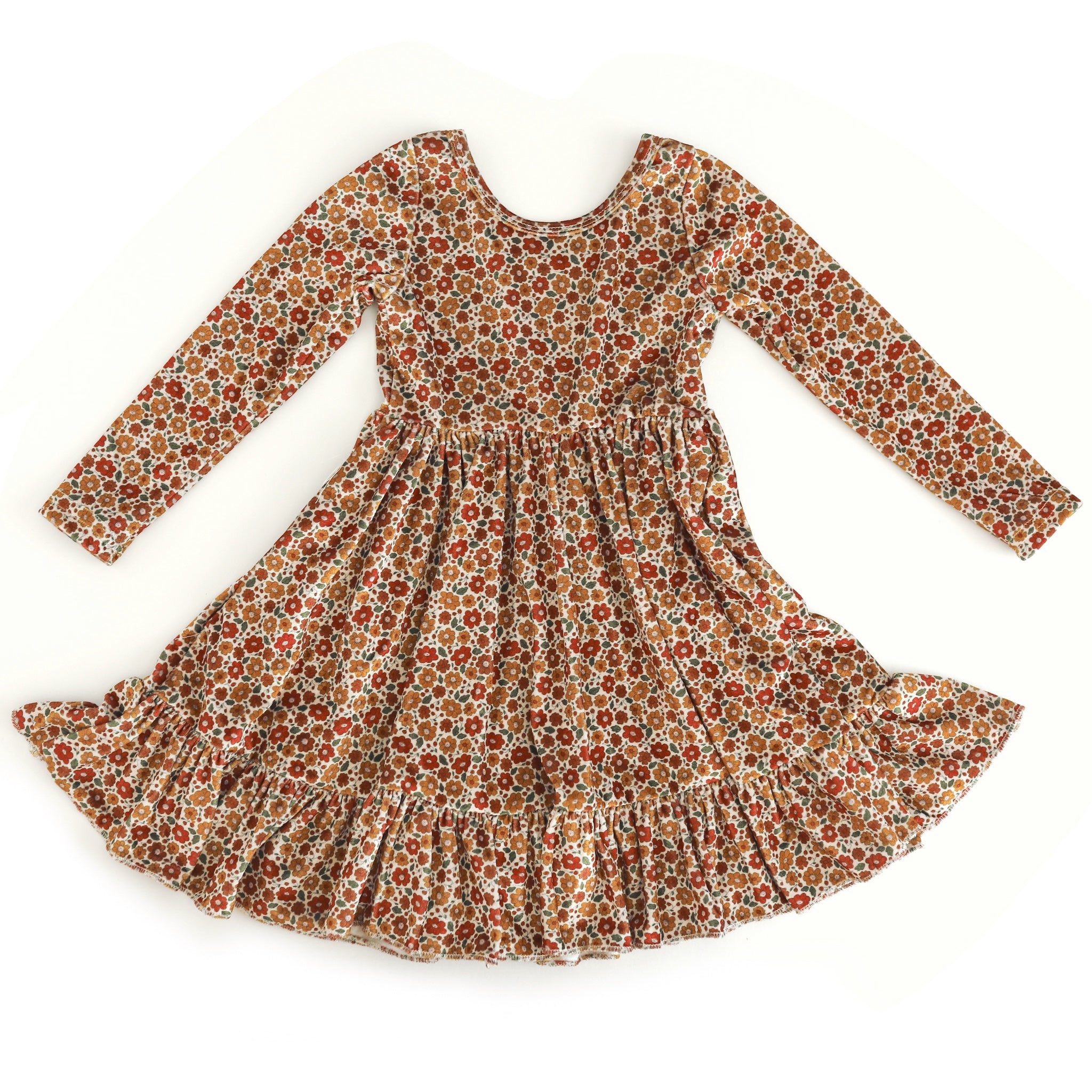 girl's velvet twirl dress with long sleeves and petite fall floral print in shades of cream, rust, gold and brown