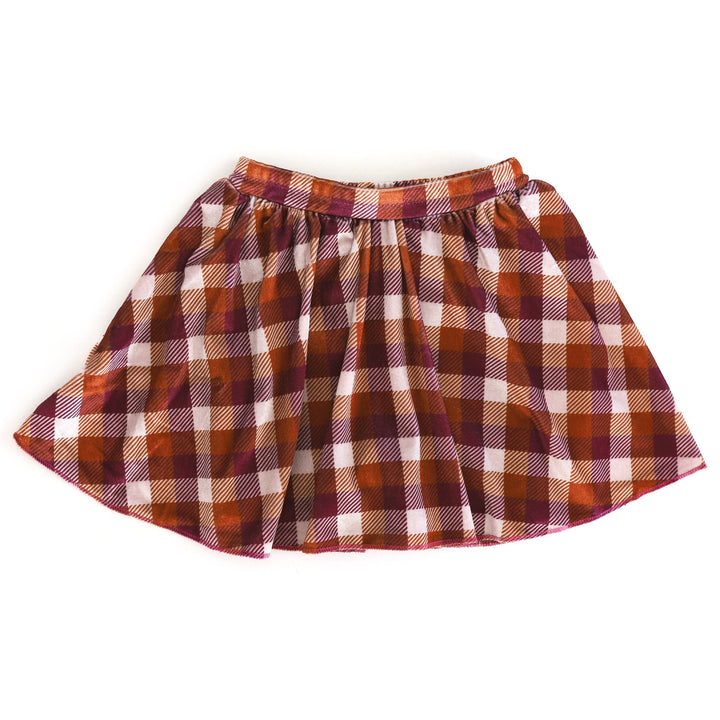 girls' velvet plaid skort in shades of golden brown and burgundy for fall mix and match