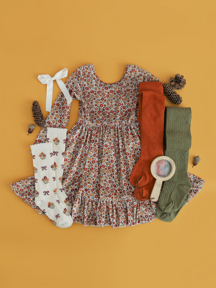 girls' long sleeve velvet charm dress with fall ditsy floral print and matching knee high socks and tights
