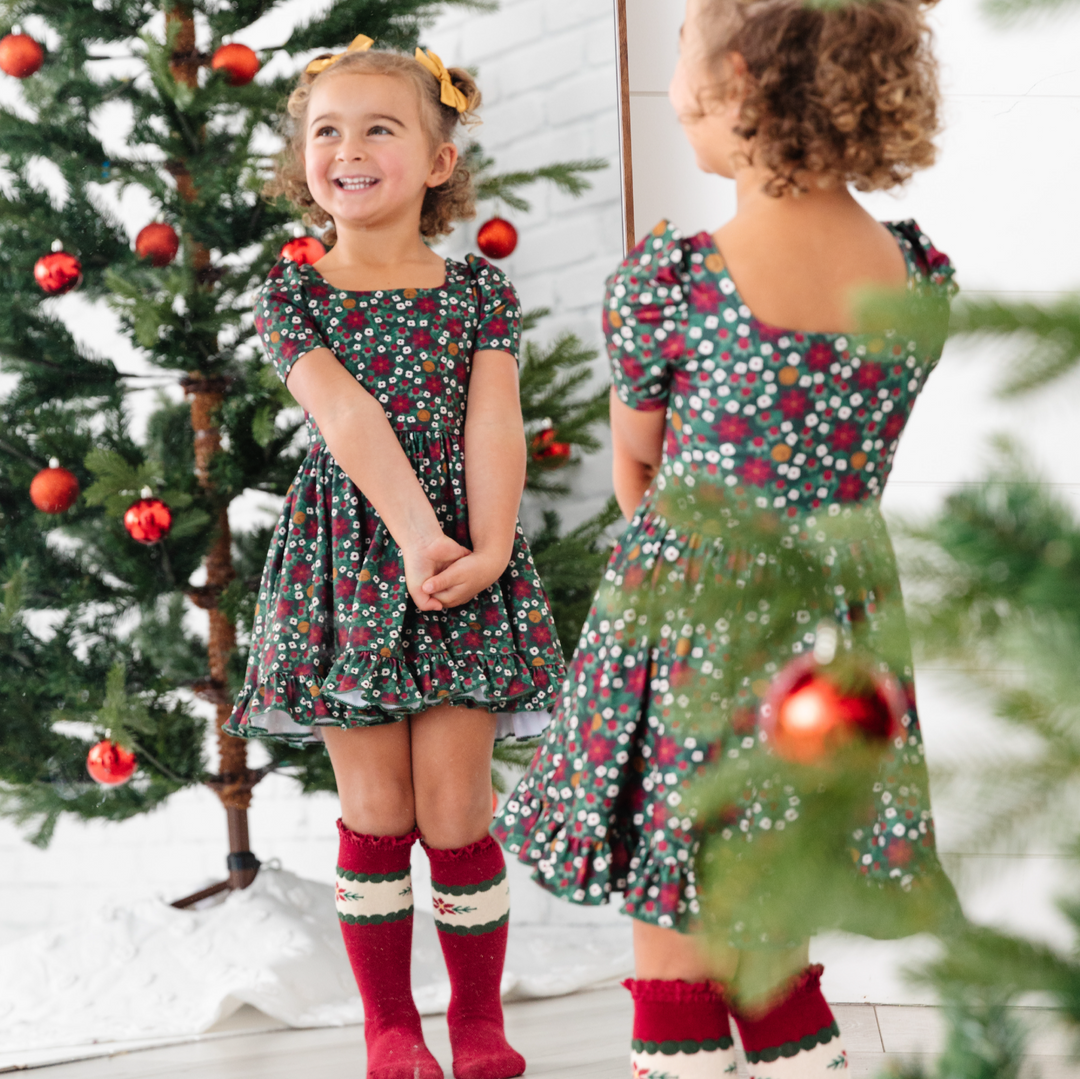 Girls Christmas Twirl Dress Poinsettia Floral Little Stocking Company