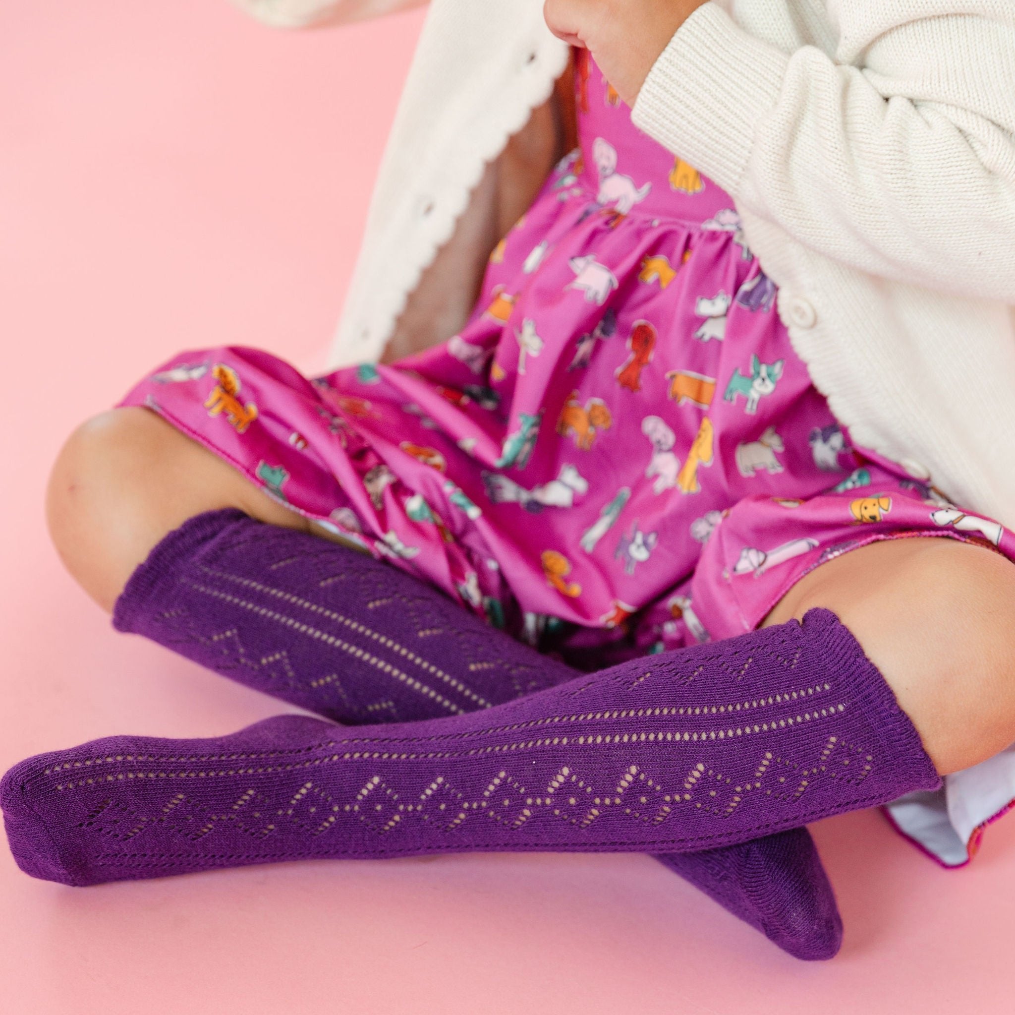 girls fancy knit purple crochet knee socks