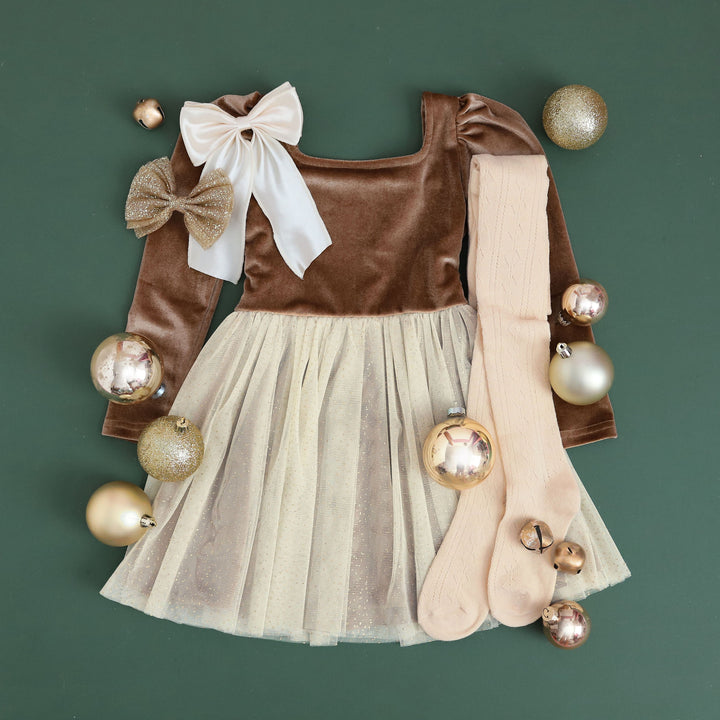 girls neutral gold and cream velevet party dress 