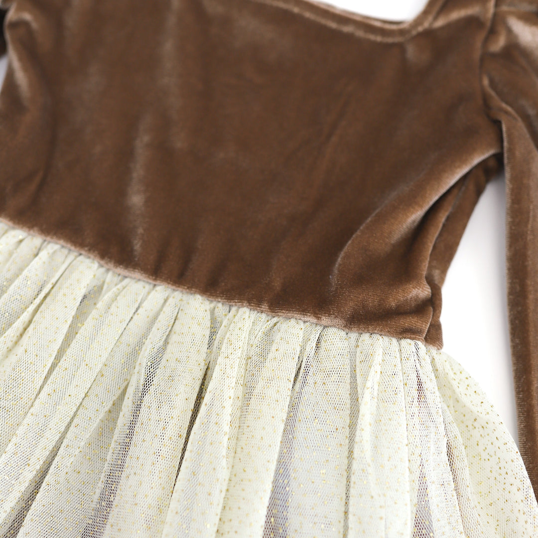 closeup of golden brown velvet bodice and cream sparkly tulle skirt 