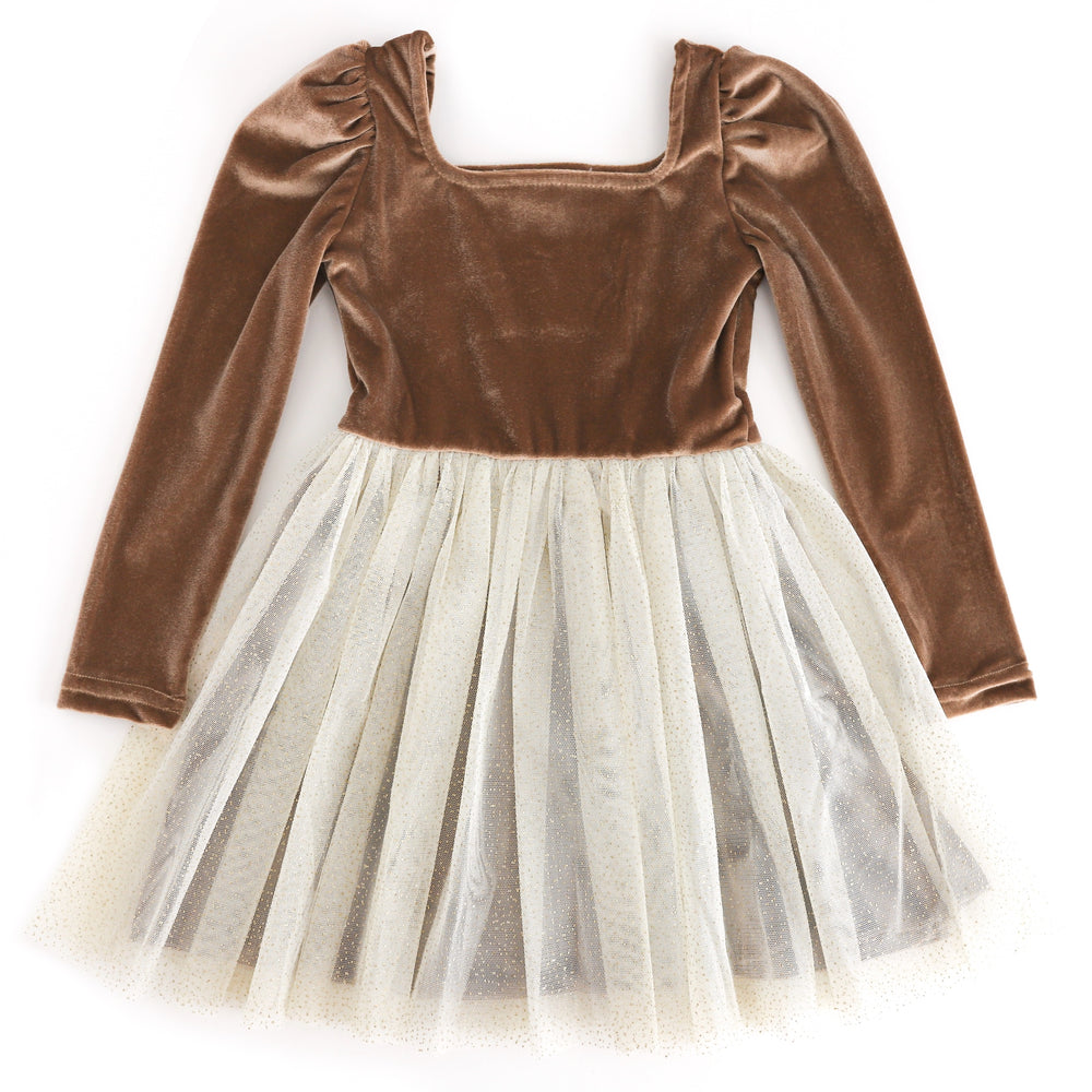 girls' golden brown long sleeve velvet dress with cream sparkly tulle skirt for Christmas