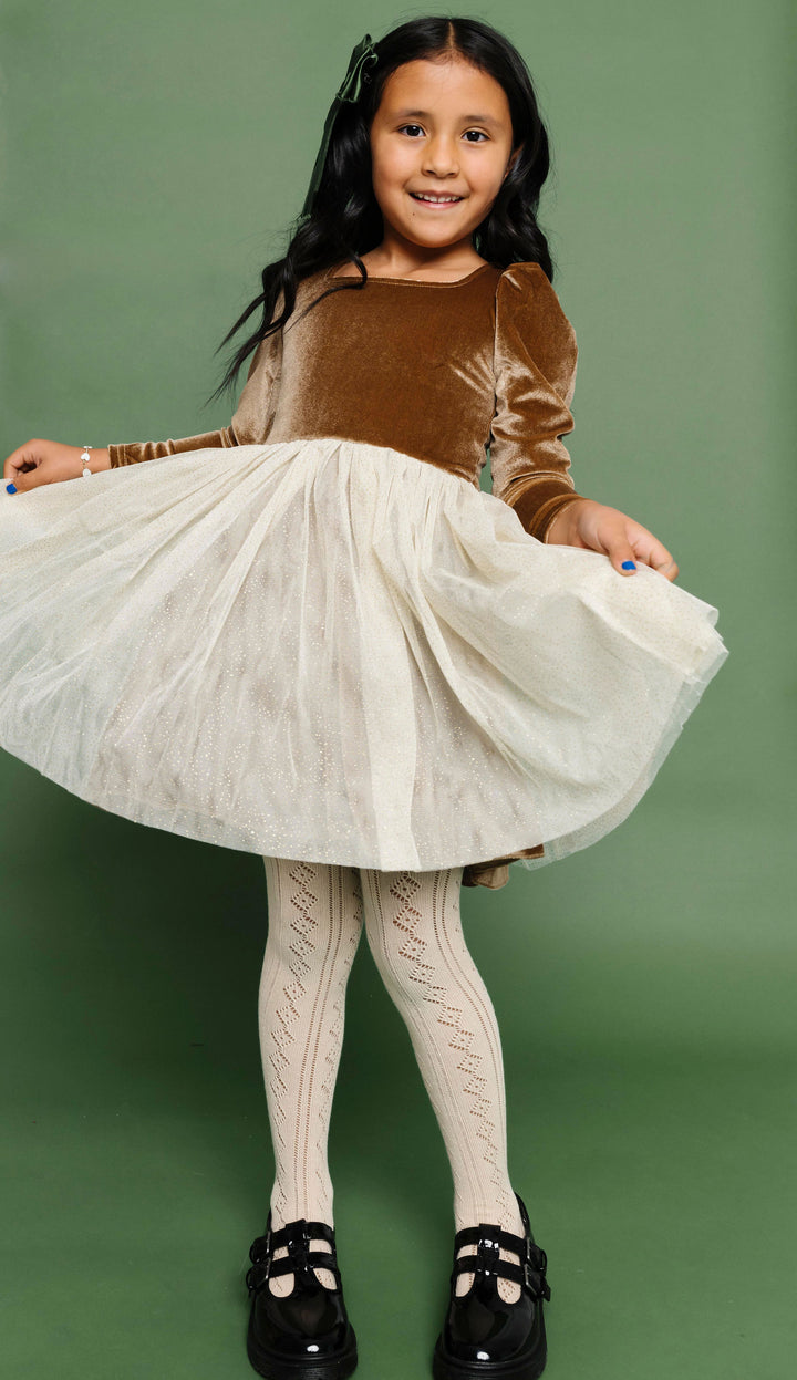 little girl in fancy Christmas party dress with golden brown velvet bodice and cream tulle skirt with matching accesories